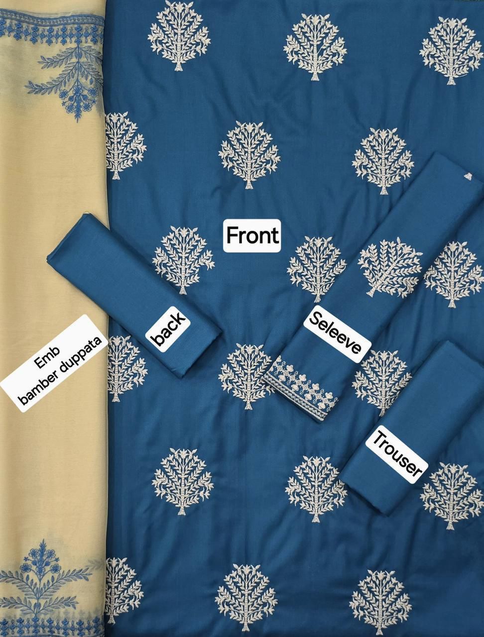 3 Piece - Unstitched Dhanak Embroidered Suit With Bamber Chiffon Embriodery Dupatta