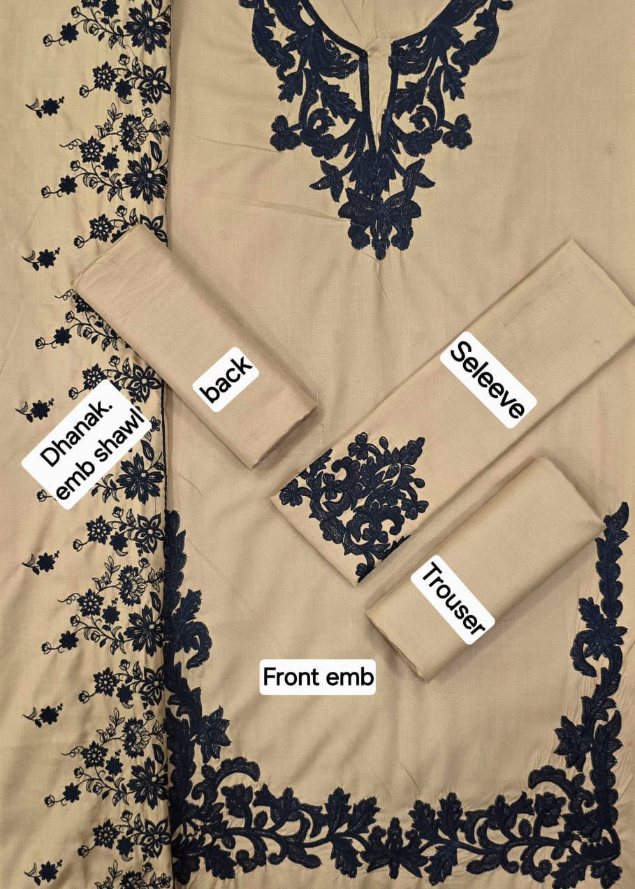 Winter Fabric-3PC Embroidered Shirt With Shawl Embroidered