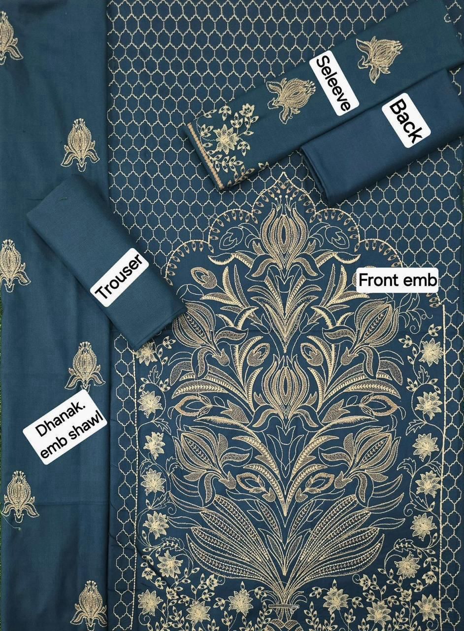 Winter Fabric-3PC Embroidered Shirt With Shawl Embroidered