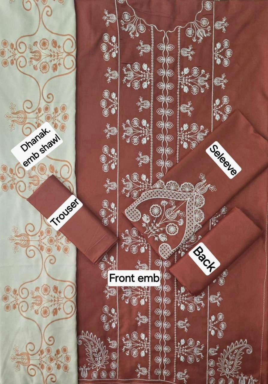 Winter Fabric-3PC Embroidered Shirt With Shawl Embroidered