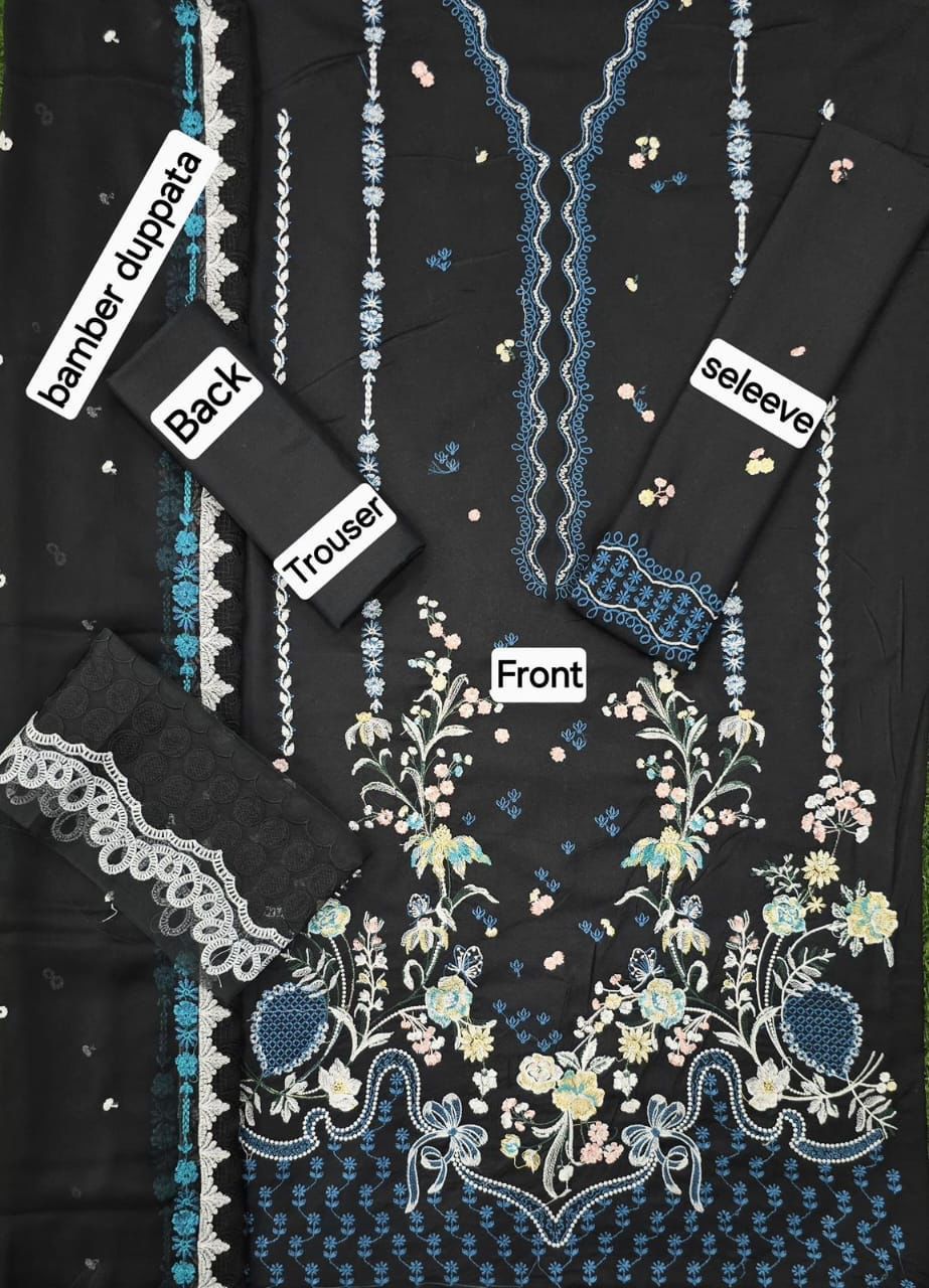 3 Piece - Unstitched Dhanak Embroidered Suit With Bamber Chiffon Embriodery Dupatta