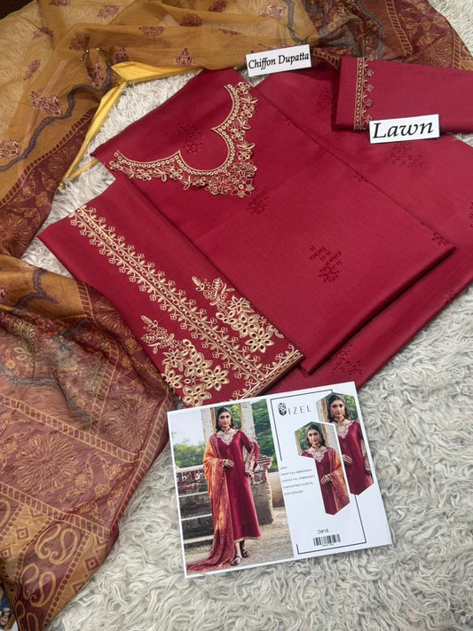 Lawn-3PC Embroidered Shirt with Embroidered WIth Digital Chiffon Dupata