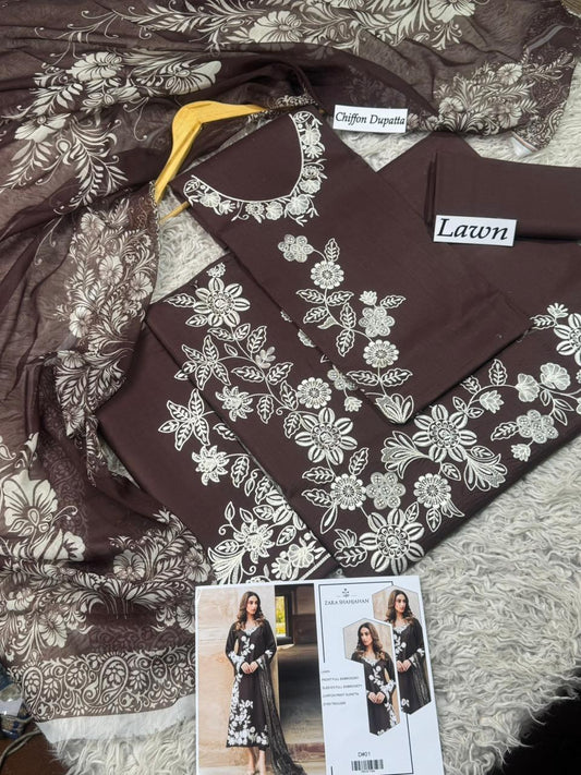 Lawn-3PC Embroidered Shirt with Embroidered WIth Digital Chiffon Dupata