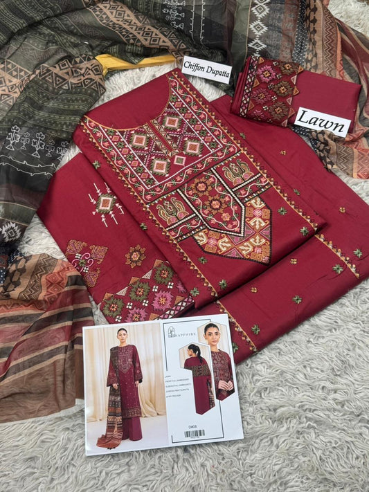 Lawn-3PC Embroidered Shirt with Embroidered WIth Digital Chiffon Dupata