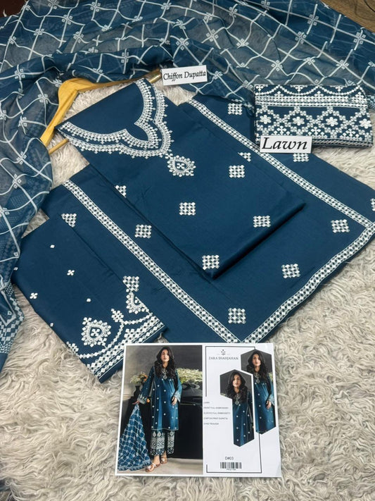 Lawn-3PC Embroidered Shirt with Embroidered WIth Digital Chiffon Dupata