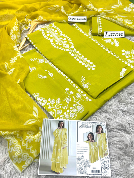 Lawn-3PC Embroidered Shirt with Embroidered WIth Digital Chiffon Dupata