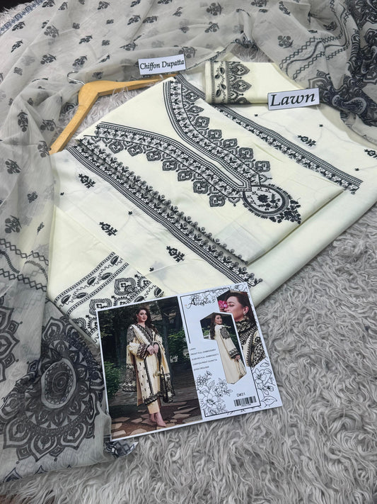 Lawn-3PC Embroidered Shirt with Embroidered WIth Digital Chiffon Dupata