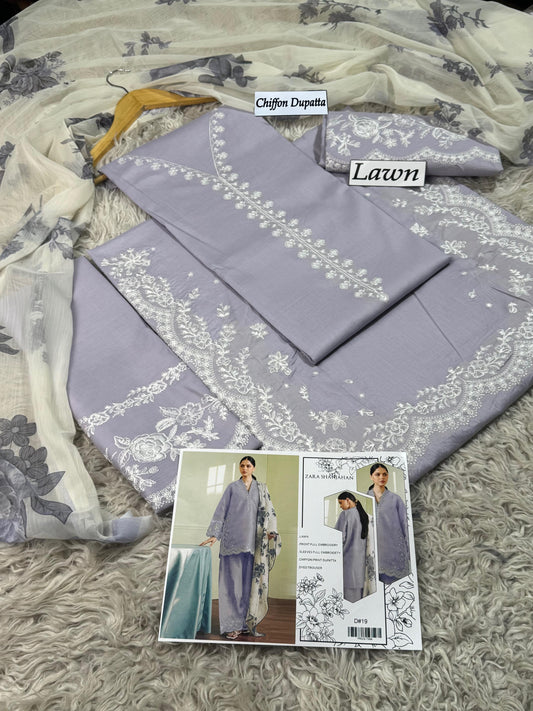 Lawn-3PC Embroidered Shirt with Embroidered WIth Digital Chiffon Dupata