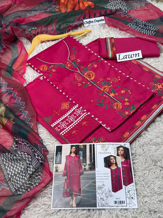Lawn-3PC Embroidered Shirt with Embroidered WIth Digital Chiffon Dupata