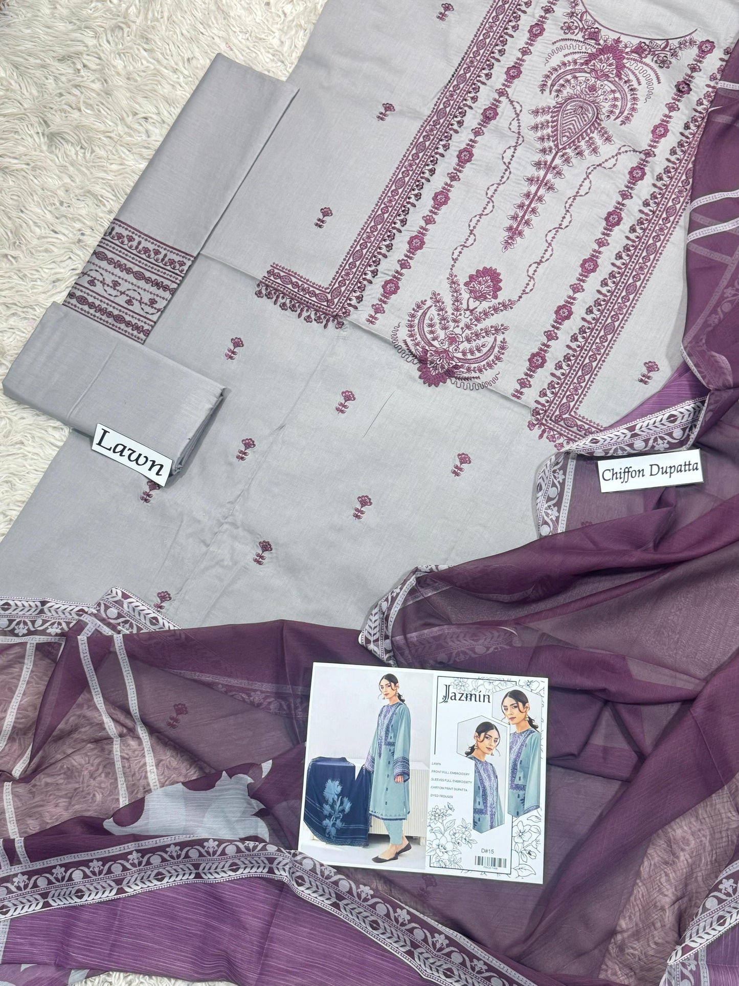 Lawn-3PC Embroidered Shirt with Embroidered WIth Digital Chiffon Dupata