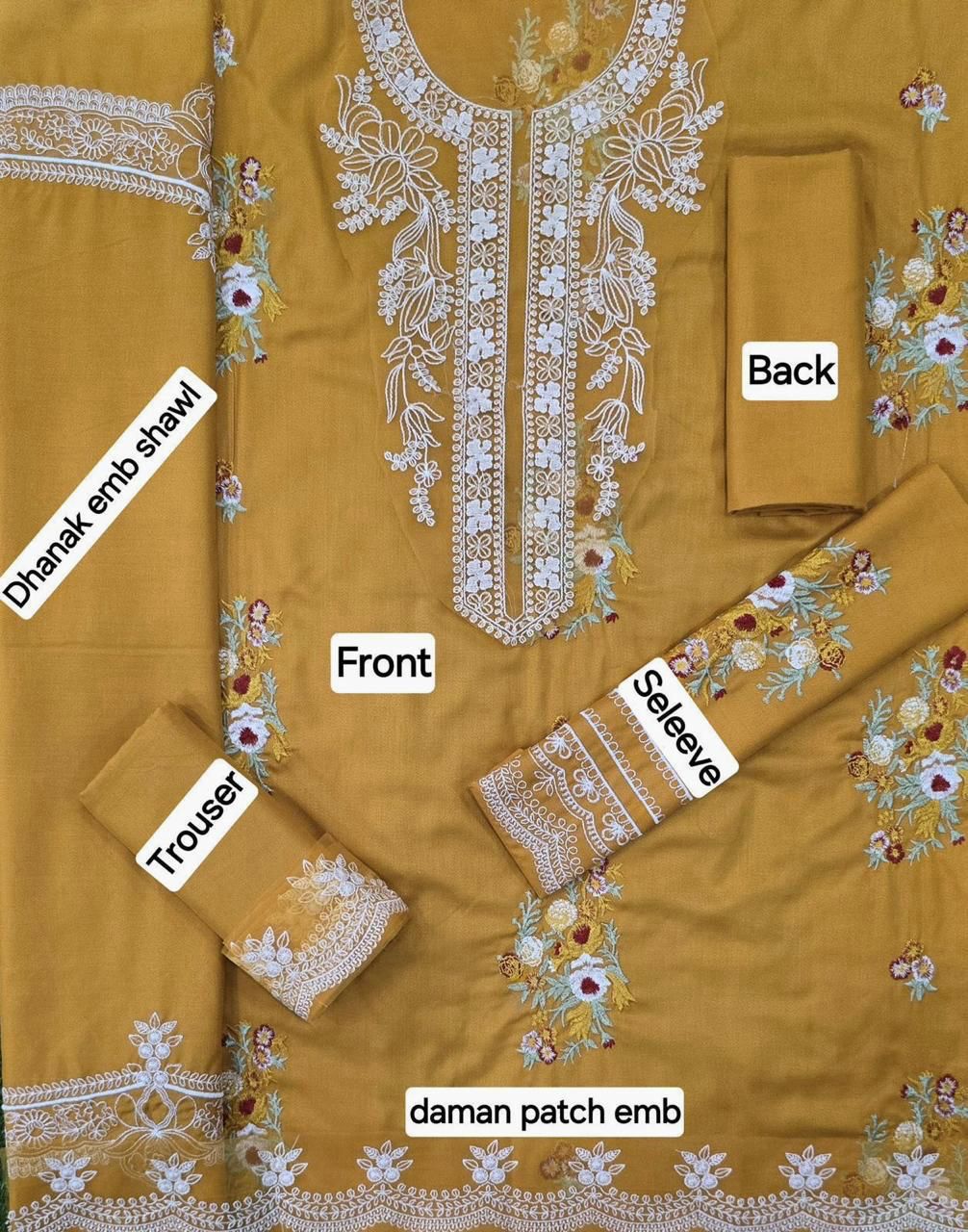 Winter Fabric-3PC Embroidered Shirt With Shawl Embroidered