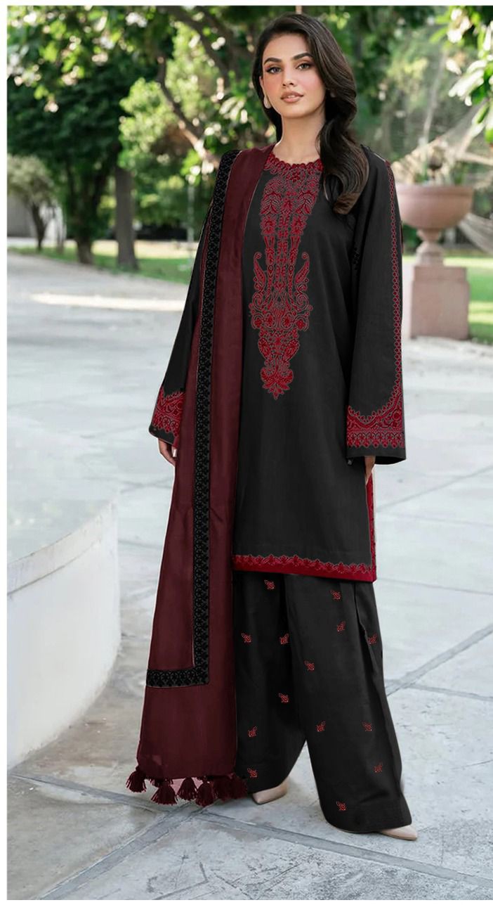 3 Piece - Unstitched Dhanak Suit Embroidered Suit With Digital Dhanak Shawl