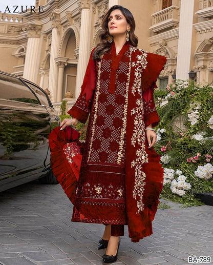 3 Piece - Unstitched Dhanak Embroidered Suit With Bamber Chiffon Embriodery Dupatta
