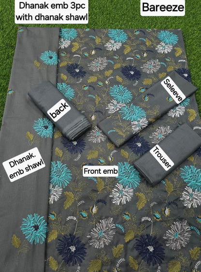 Winter Fabric-3PC Embroidered Shirt With Shawl Embroidered