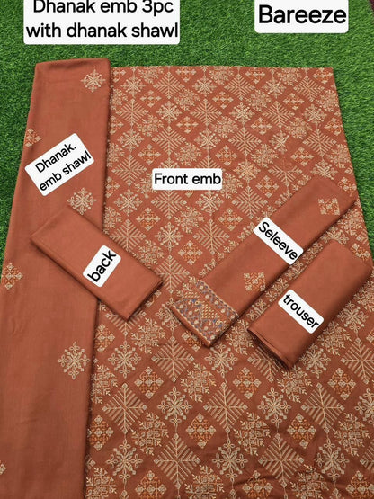 Winter Fabric-3PC Embroidered Shirt With Shawl Embroidered