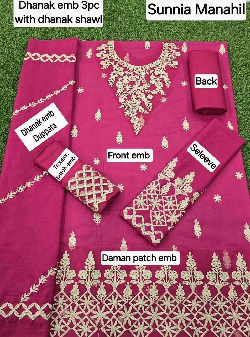 Winter Fabric-3PC Embroidered Shirt With Shawl Embroidered