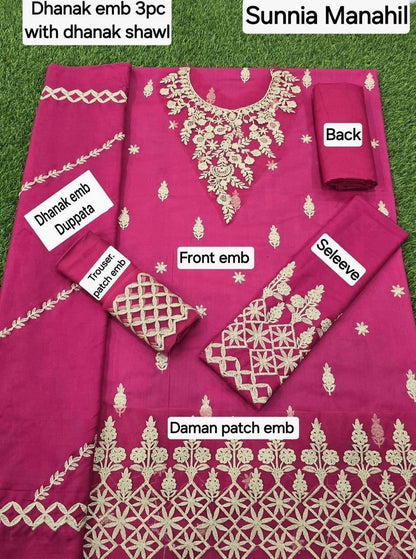 Winter Fabric-3PC Embroidered Shirt With Shawl Embroidered