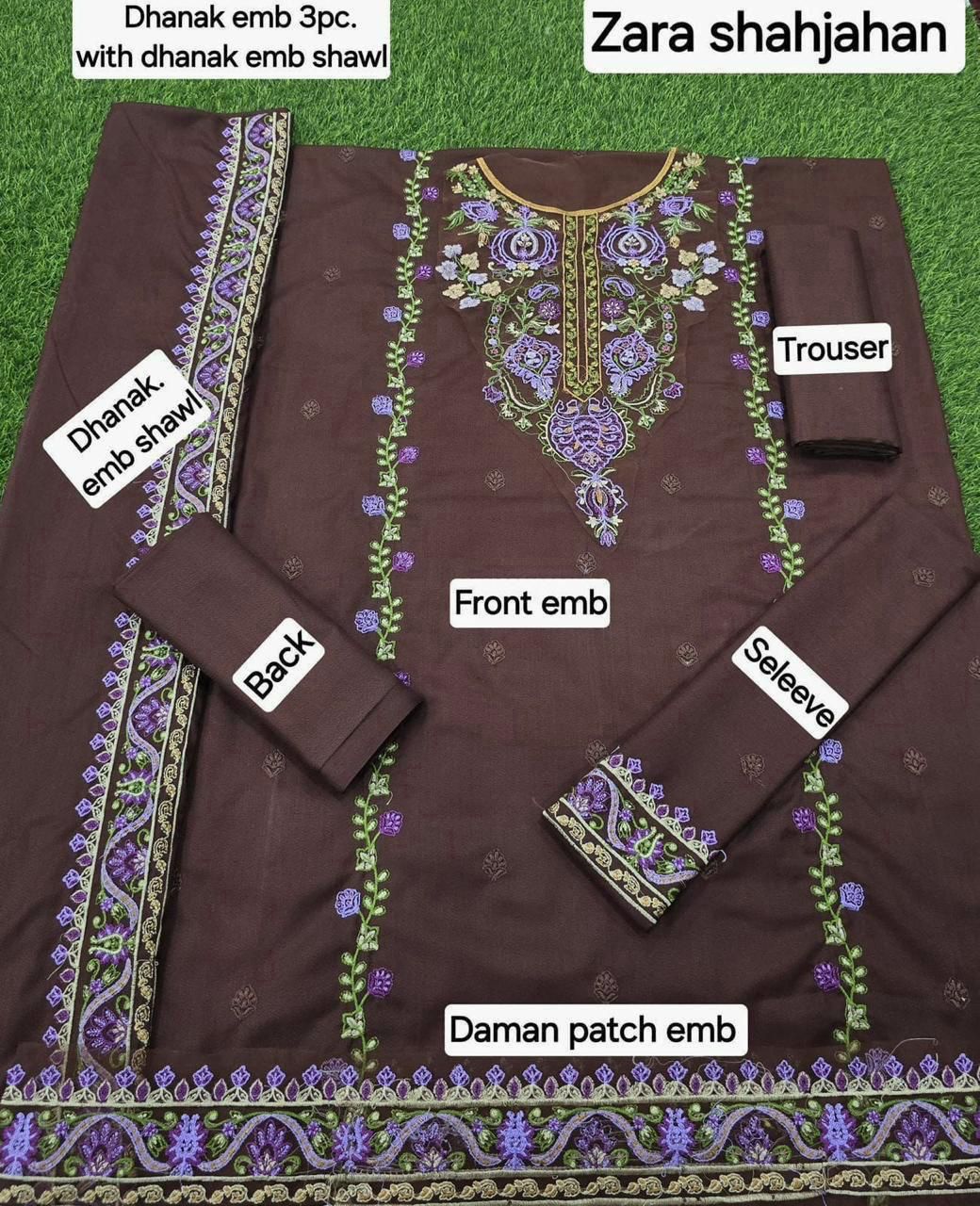 Winter Fabric-3PC Embroidered Shirt With Shawl Embroidered