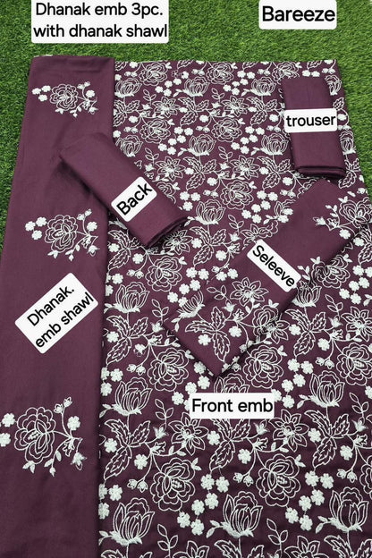 Winter Fabric-3PC Embroidered Shirt With Shawl Embroidered