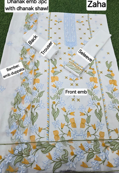 3 Piece - Unstitched Dhanak Embroidered Suit With Bamber Chiffon Embriodery Dupatta