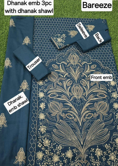 Winter Fabric-3PC Embroidered Shirt With Shawl Embroidered