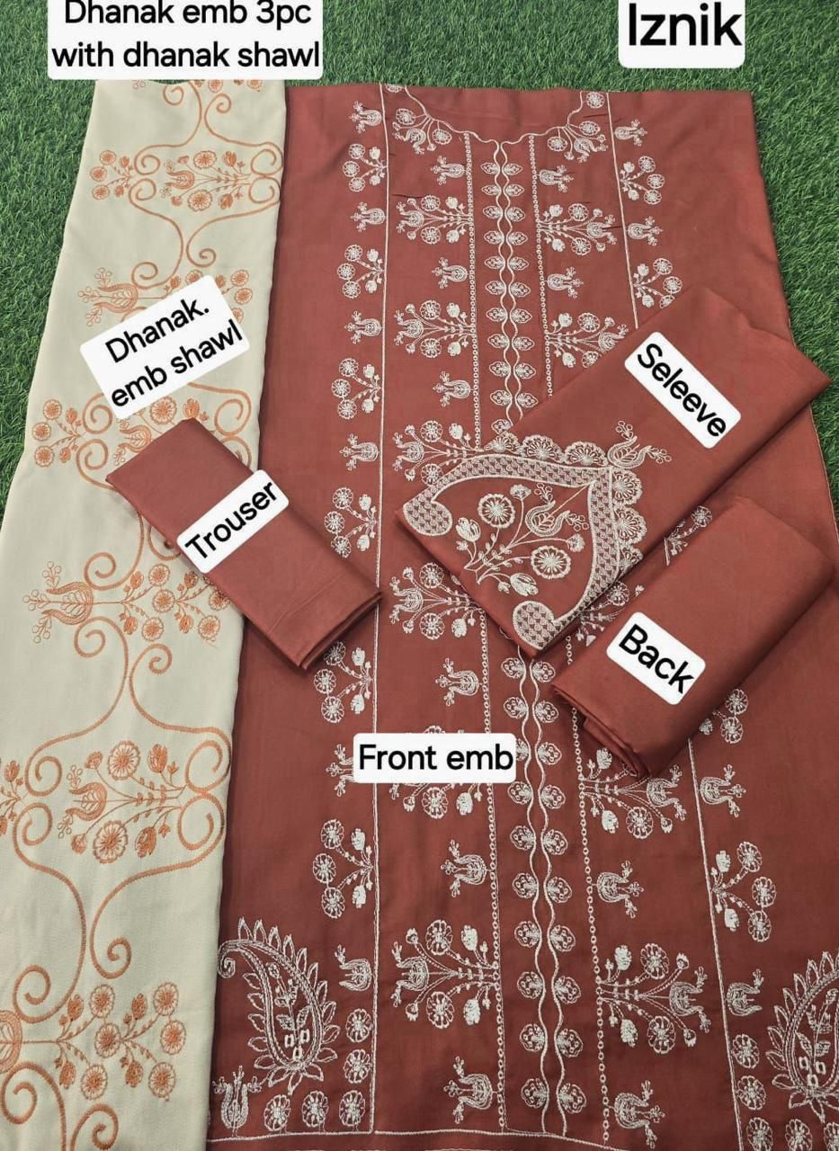 Winter Fabric-3PC Embroidered Shirt With Shawl Embroidered