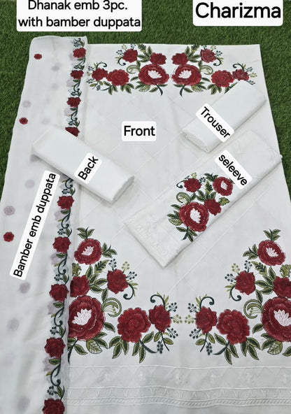3 Piece - Unstitched Dhanak Embroidered Suit With Bamber Chiffon Embriodery Dupatta