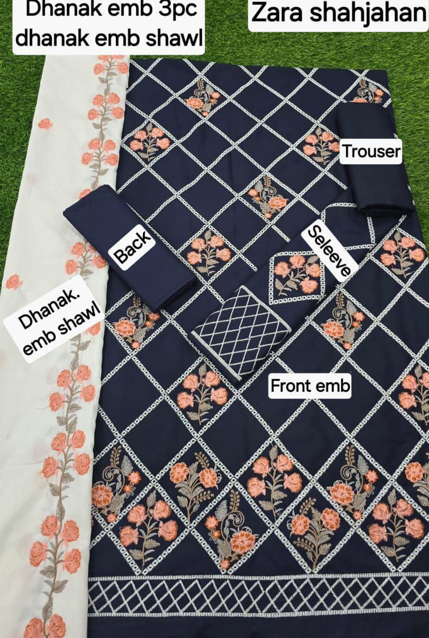 Winter Fabric-3PC Embroidered Shirt With Shawl Embroidered