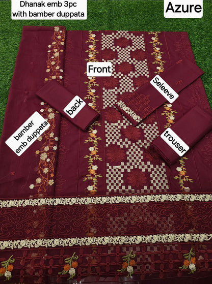3 Piece - Unstitched Dhanak Embroidered Suit With Bamber Chiffon Embriodery Dupatta