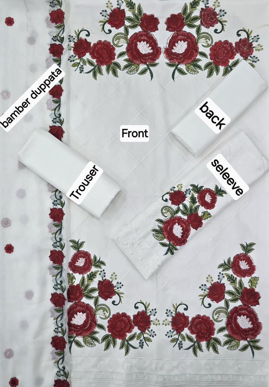 3 Piece - Unstitched Dhanak Embroidered Suit With Bamber Chiffon Embriodery Dupatta