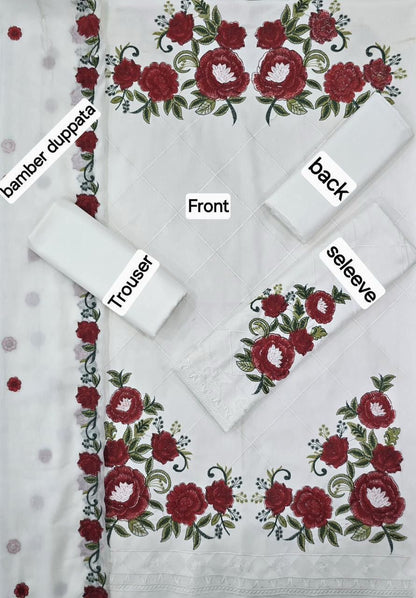 3 Piece - Unstitched Dhanak Embroidered Suit With Bamber Chiffon Embriodery Dupatta