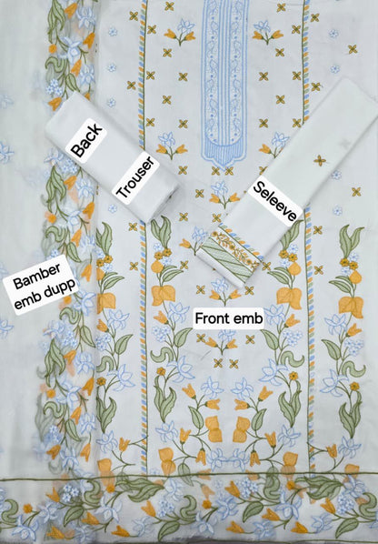 3 Piece - Unstitched Dhanak Embroidered Suit With Bamber Chiffon Embriodery Dupatta
