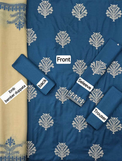 3 Piece - Unstitched Dhanak Embroidered Suit With Bamber Chiffon Embriodery Dupatta