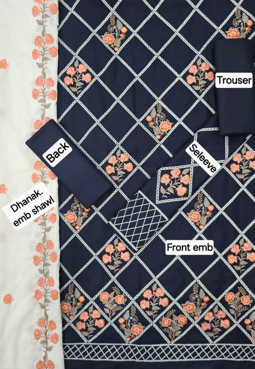 Winter Fabric-3PC Embroidered Shirt With Shawl Embroidered