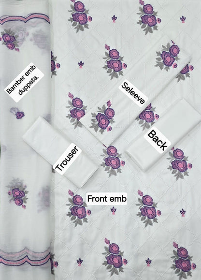 3 Piece - Unstitched Dhanak Embroidered Suit With Bamber Chiffon Embriodery Dupatta