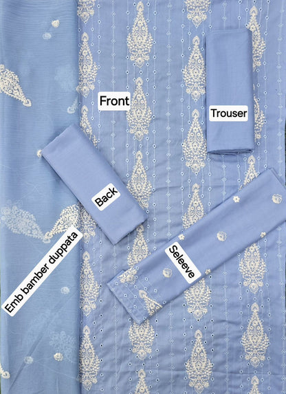 3 Piece - Unstitched Dhanak Embroidered Suit With Bamber Chiffon Embriodery Dupatta