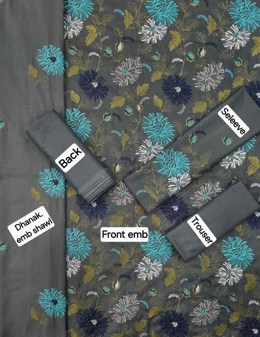 Winter Fabric-3PC Embroidered Shirt With Shawl Embroidered