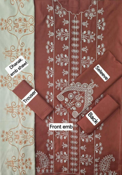 Winter Fabric-3PC Embroidered Shirt With Shawl Embroidered