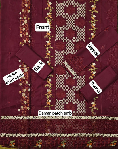 3 Piece - Unstitched Dhanak Embroidered Suit With Bamber Chiffon Embriodery Dupatta