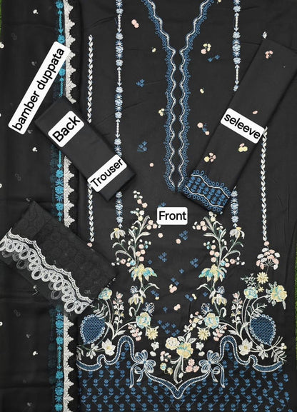 3 Piece - Unstitched Dhanak Embroidered Suit With Bamber Chiffon Embriodery Dupatta