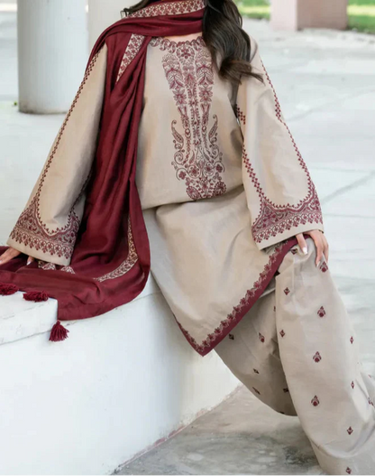 3 Piece - Unstitched Dhanak Suit Embroidered Suit With Digital Dhanak Shawl
