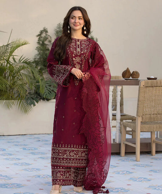Dhanak-3PC Embroidered Shirt with Organza Embroidered Dupatta