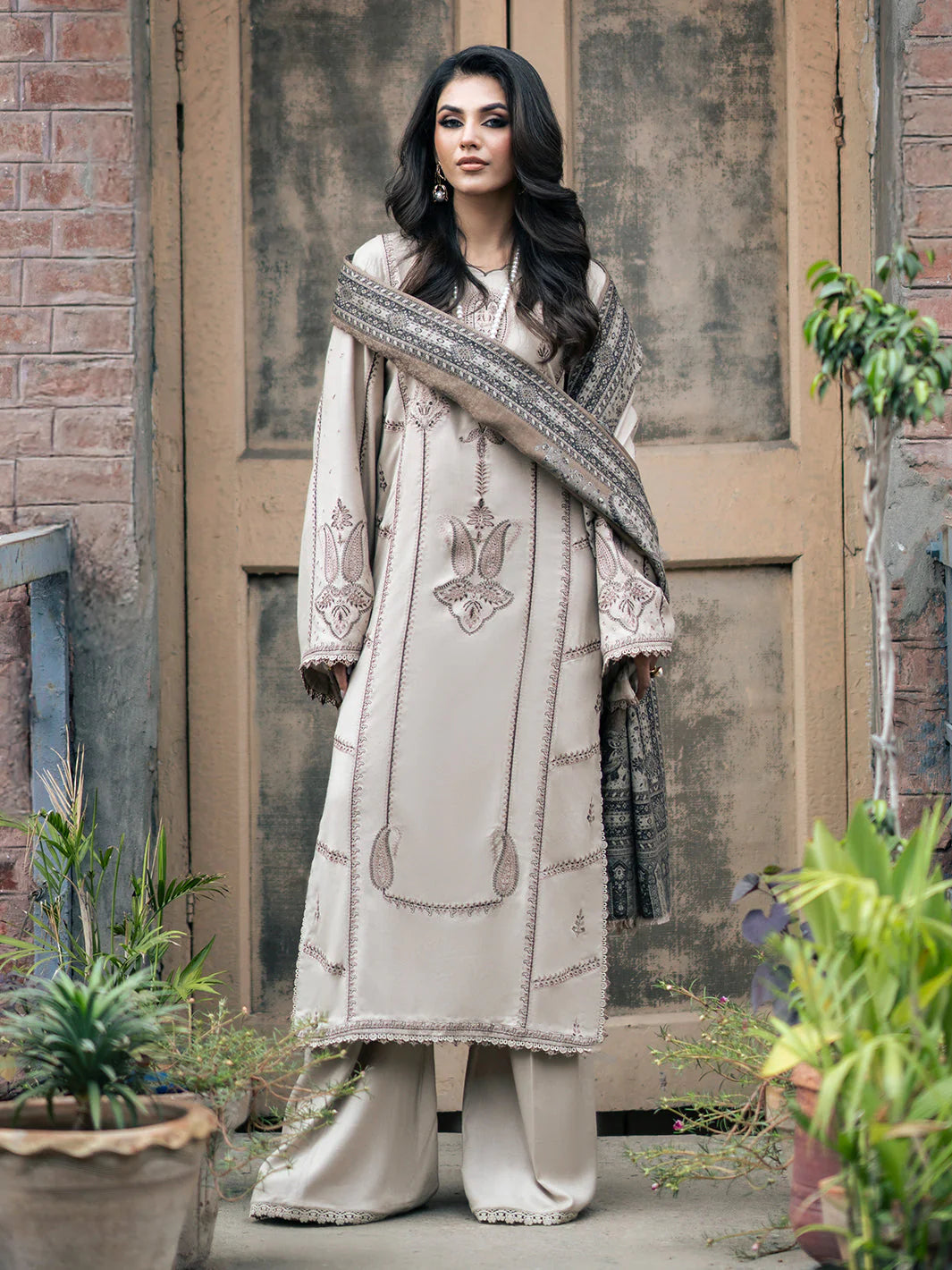 3PC Marina Embroidered Shirt With Digital Printed Shawl