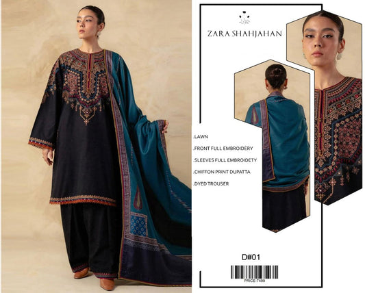 Lawn-3PC Embroidered Shirt with Embroidered WIth Digital Chiffon Dupata