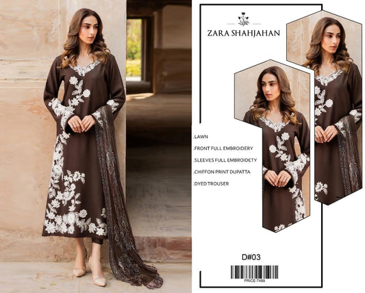 Lawn-3PC Embroidered Shirt with Embroidered WIth Digital Chiffon Dupata