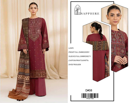 Lawn-3PC Embroidered Shirt with Embroidered WIth Digital Chiffon Dupata