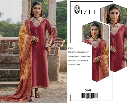 Lawn-3PC Embroidered Shirt with Embroidered WIth Digital Chiffon Dupata