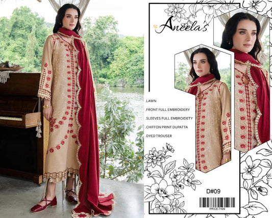 Lawn-3PC Embroidered Shirt with Embroidered WIth Digital Chiffon Dupata