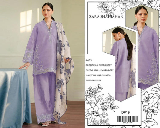 Lawn-3PC Embroidered Shirt with Embroidered WIth Digital Chiffon Dupata