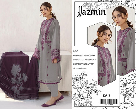 Lawn-3PC Embroidered Shirt with Embroidered WIth Digital Chiffon Dupata